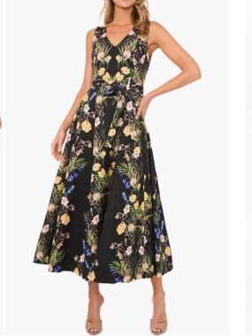 TED BAKER Dress NEW 100% Linen Sleeveless Floral Midi Rich Black TB Size 0 US 2